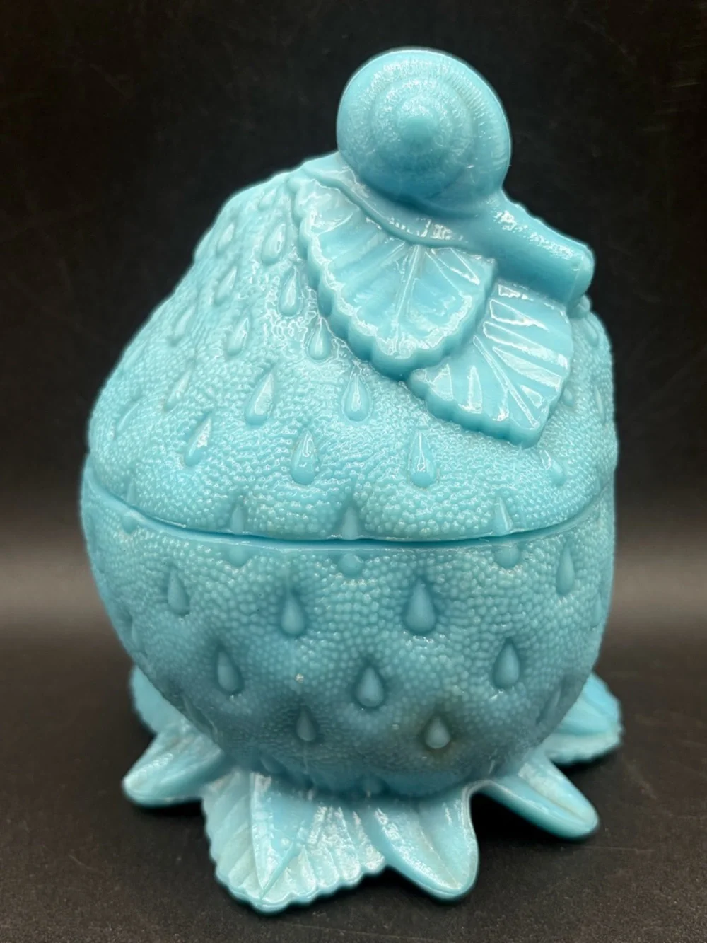 Portieux Blue Milk Glass Snail on Strawberry Lidded Dish Candy Bowl Trinket Box